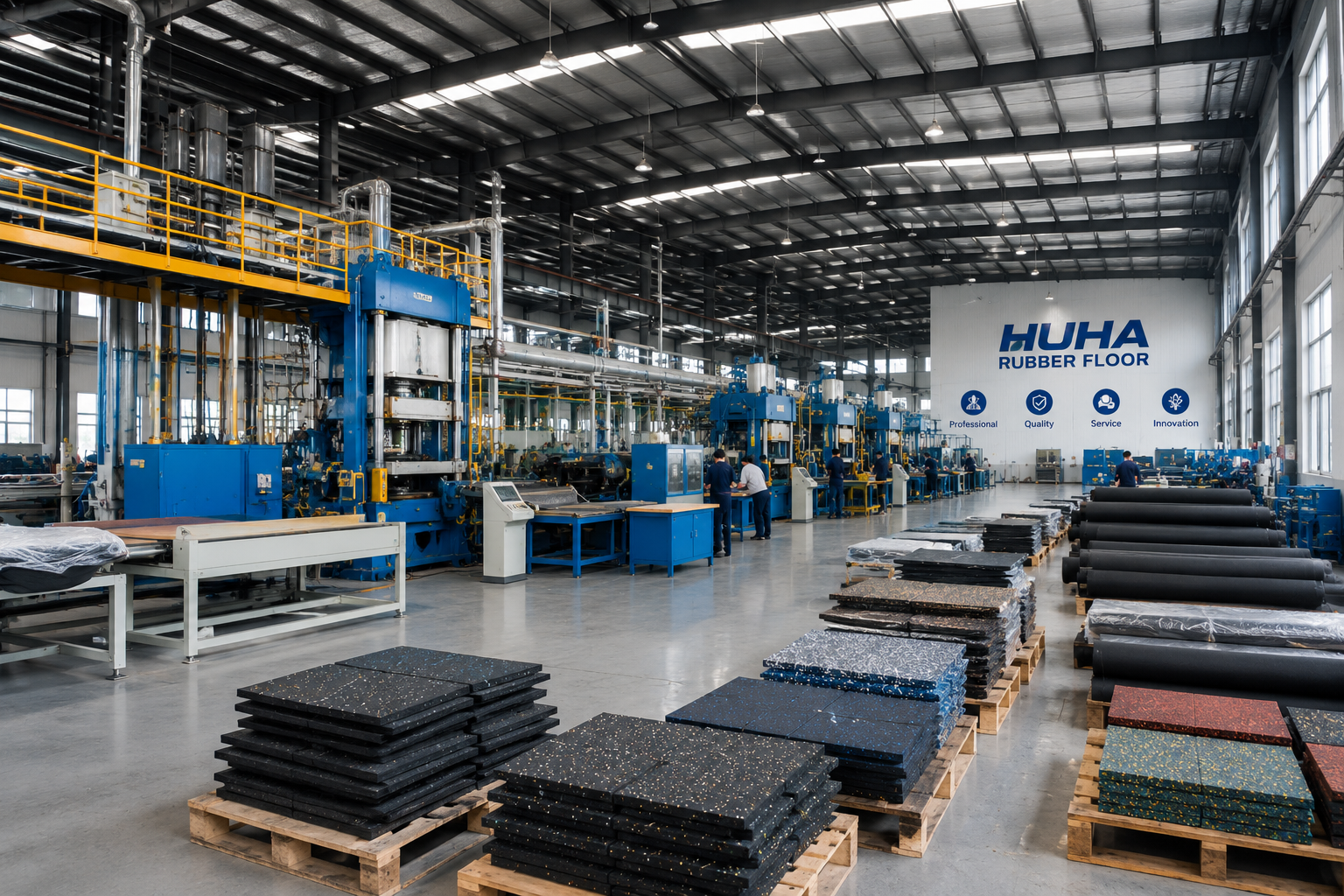 Rubber flooring manufacturing factory with production lines and finished gym flooring products ready for export.